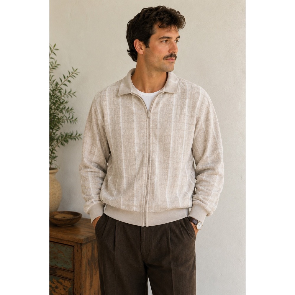 John Blair Terry Cloth Full Zip Jacket Men's Large Beige Tan Retro Vintage